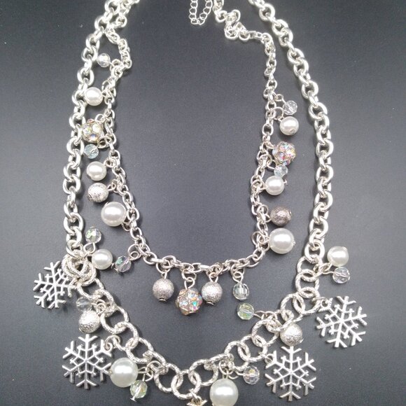 Silver tone Frosted Double Necklace with Snowflake charms faux pearls - Picture 2 of 4